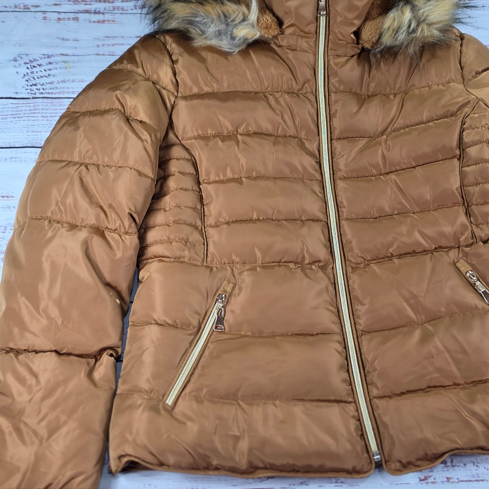 Bodilove Puffer Jacket Women Medium Brown NWT Removable Hood Faux Fur Lined